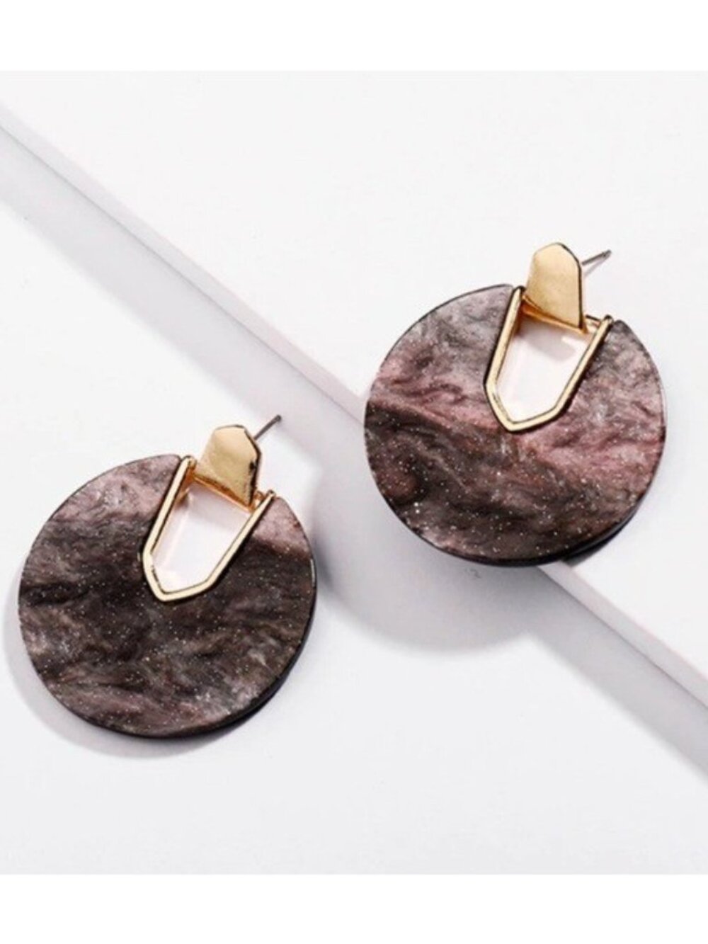 Gold Purple Round Acrylic Resin Statement Earrings